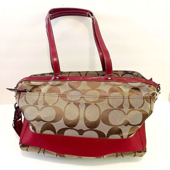 Coach Khaki Signature Cherry Red Tote Bag Handbag Weekender F17443 Patent Large - Picture 11 of 16